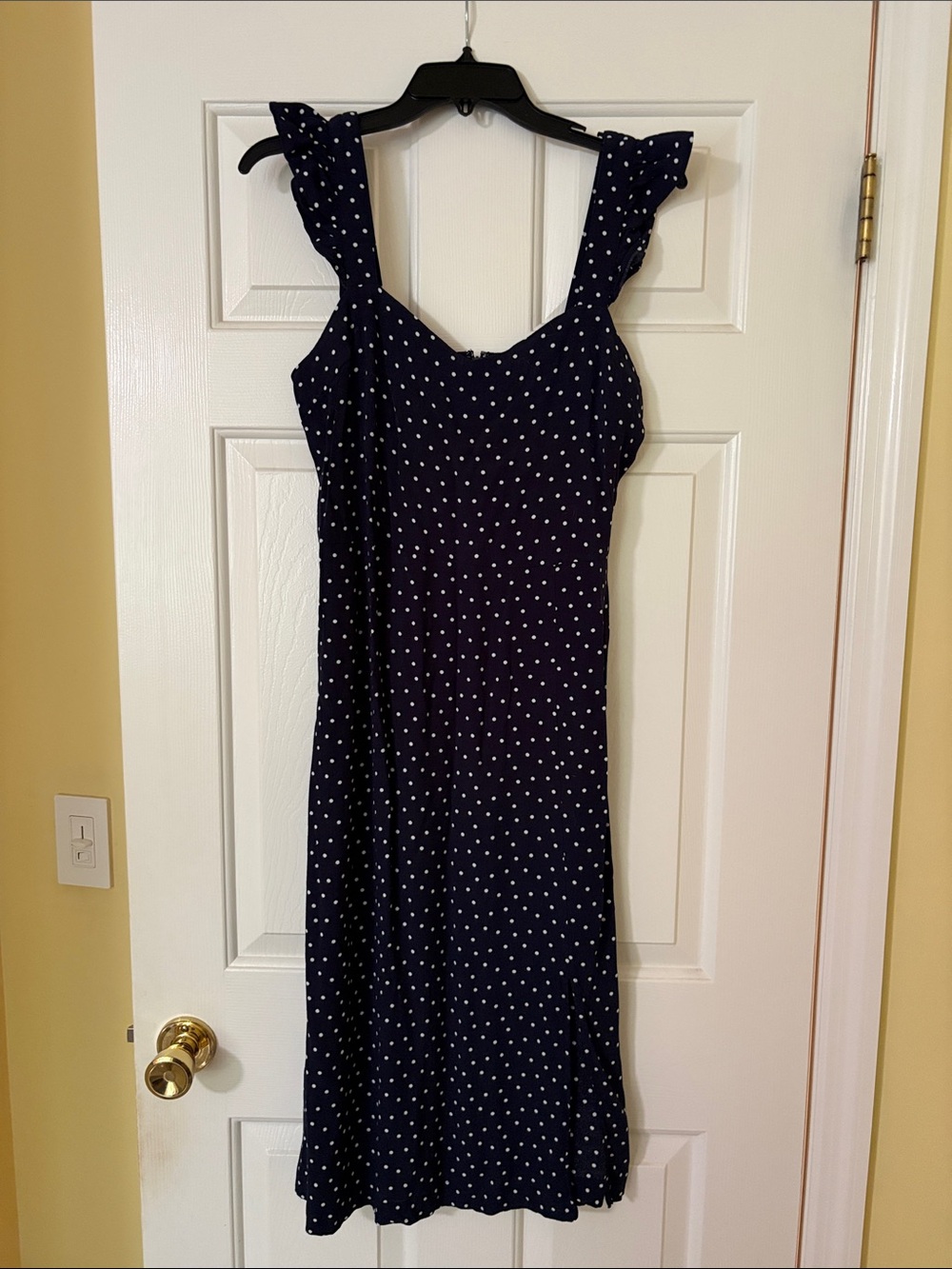 LOFT Navy Midi Dress with White Polka Dots and Ruffle Straps